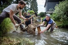 Fischerinnen und Fischer schaffen mit dem Einbau von Totholzstrukturen bessere Lebensräume für die Fische. Bild: SFV.